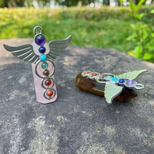 Chakra gemstone angel wings pendant with rose quartz and tiger eye healing stones