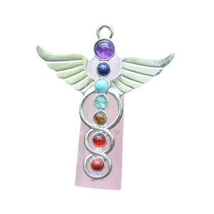 Seven chakra gemstone angel pendant with pink quartz pillar and silver metal wings