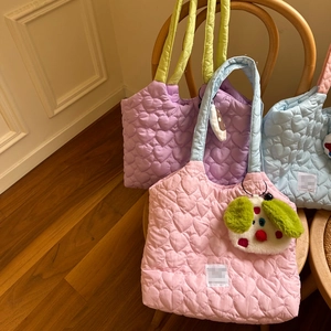 Quilted heart texture tote bags in pastel colors with cute plush puppy keychain