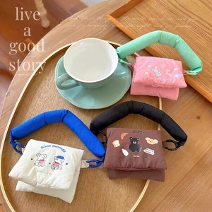 Mini cute cartoon animal printed fabric pouch with puffy handle for coins and earphones
