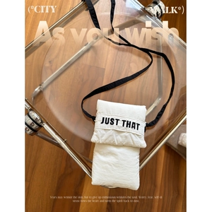 Minimalist white nylon crossbody phone bag with black strap and embroidered text logo
