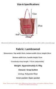 Detailed size guide and measurements for the pink lamb wool tote bag with wonder embroidery