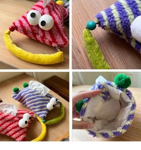 Detail of cute monster plush car tissue holder with soft textured fur and velcro closure