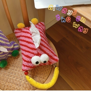 Creative plush car tissue box cover featuring colorful stripes and cute big eye decorations