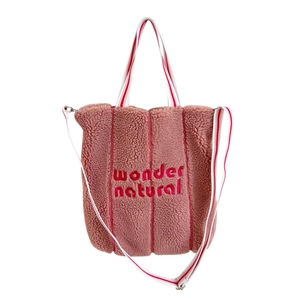 Pink fleece tote bag with wonder natural embroidery and red striped handles