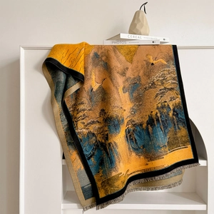 Oriental landscape jacquard scarf with cranes and pine trees pattern and tassel edges