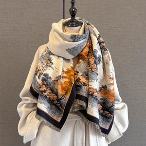 Sciarpa in finto cashmere invernale con pittura di paesaggio e frange lunghe