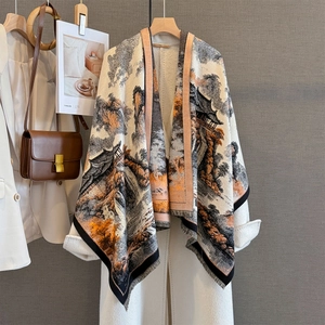 Sciarpa Scialle Inverno Imitazione Cashmere Stampa Paesaggio Inchiostro Jacquard Caldo Nappa Avvolgere Elegante Stile Retrò Donna
