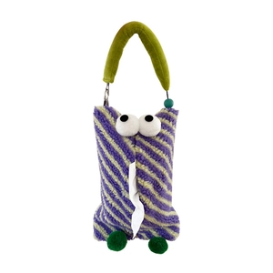 Creative plush monster car tissue holder with purple stripes and fuzzy green handle