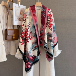 Sciarpa Scialle In Imitazione Cashmere Pittura A Inchiostro Stile Cinese Spesso Caldo Inverno Jacquard Nappine Prugna Rossa Donne