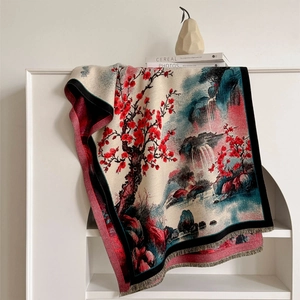 Sciarpa calda in cashmere jacquard con motivo paesaggio montano e nappe decorative