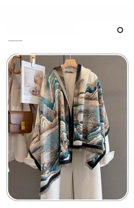 Detailed close-up of landscape art imitation cashmere scarf with elegant fringe trim