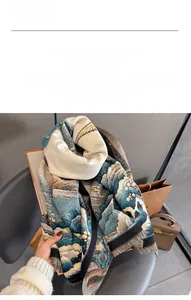 Detail of vintage oil painting cashmere scarf with landscape pattern and tassel edges