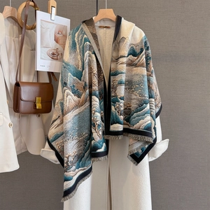Vintage Oriental Landscape Jacquard Scarf Shawl Women Imitation Cashmere Thick Warm Winter Wrap With Tassels Artistic