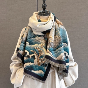 Thick cashmere-feel scarf with vintage oil painting landscape pattern and elegant fringes