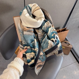 Vintage oil painting style cashmere scarf with ukiyo-e wave pattern and tassel edges
