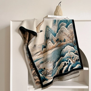 Vintage oil painting style landscape jacquard scarf with tassels on display