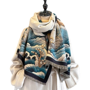 Winter oil painting style jacquard scarf with tassels shown on a white wool coat