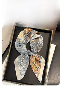Close-up of a 70x70cm square silk scarf with abstract architectural print on display tray