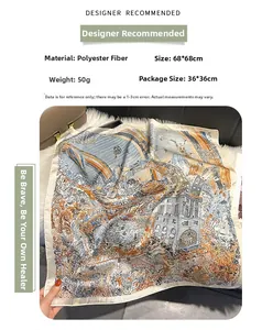 Detail view of printed silk-like square scarf featuring landscape art and geometry