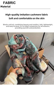 Detail of high-quality cashmere-like scarf with artistic European city prints and soft fringe