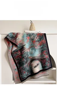 Detail of jacquard scarf showing traditional landscape pattern with gray fringe trim