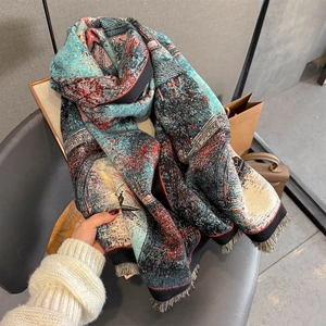 Thick warm winter shawl scarf with vintage oil painting print and fringe tassels