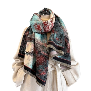 Thick warm winter shawl with scenic oil painting landscape and elegant fringe tassels