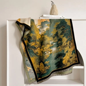 Schal mit chinesischer Gebirgslandschaft, verdickte Kunst-Stola mit eleganten Fransen