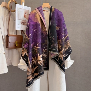 Vintage Bamboo Leaf Jacquard Shawl Scarf Imitation Cashmere Thick Warm Fringe Elegant Oriental Wrap For Women