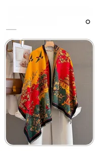 Detail showing jacquard palace pattern and tassels on soft imitation cashmere scarf