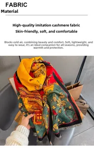 Detail of soft imitation cashmere scarf with vintage floral landscape jacquard and tassels