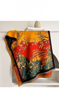 Close-up of jacquard fabric showing traditional Chinese mountain scenery and grey tassels
