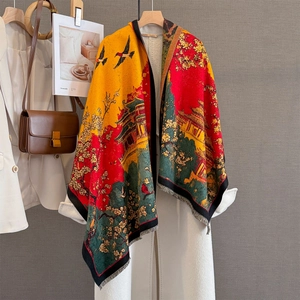 Winter Scarf Shawl Imitation Cashmere Thickened Warm Retro Neo-Chinese Landscape Jacquard Tassels For Women