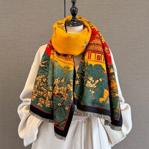 Vintage jacquard cashmere shawl featuring floral motifs and traditional Chinese architecture
