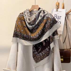 Classic paisley pattern cotton linen oversized square shawl with fringe trim in brown tones
