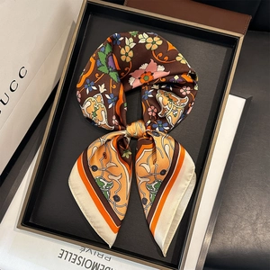 70cm silk-like scarf with vintage floral scroll prints tied in an elegant bow knot