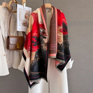 Sciarpa Scialle Donna Imitazione Cashmere Inverno Caldo Spessa Jacquard Stampa Paesaggio Pittura Ad Olio Nappina Elegante