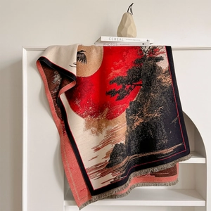 Sciarpa jacquard artistica con paesaggio giapponese e nappine per un look elegante