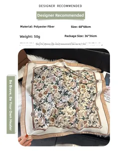 Detail showing vintage floral square scarf with pink roses and polyester texture