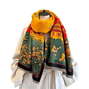 Retro jacquard shawl scarf featuring traditional mountain patterns and tassels for women
