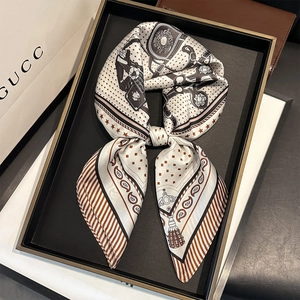 Elegant 70cm satin silk square scarf with vintage patterns on a luxury display tray