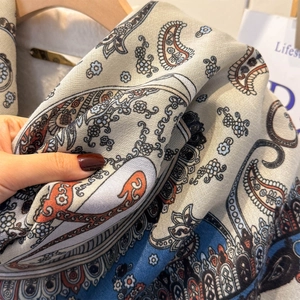 Beige and blue paisley cashmere shawl scarf with vintage floral patterns for women