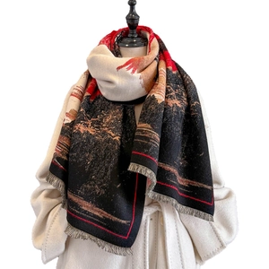 Sciarpa invernale in finto cashmere con jacquard a pittura a olio e bordi con nappe