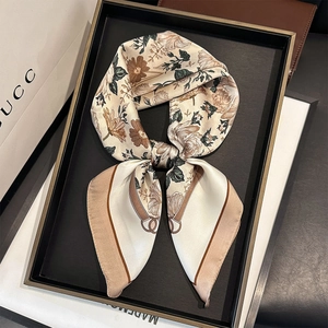 Women Vintage Floral Print Square Scarf Satin Feeling Polyester Satin Neck Head Wrap Elegant French Style Office Accessory