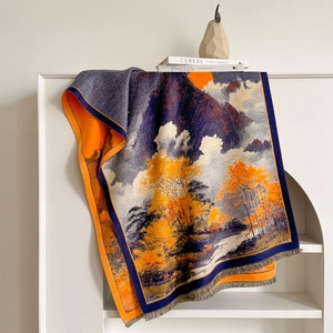Écharpe artistique en tricot avec motif jacquard de montagne et pompons décoratifs