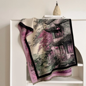 Winter faux cashmere scarf with vintage oriental landscape pattern and grey fringe trim
