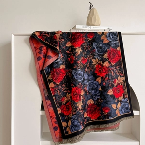 Vintage floral rose jacquard scarf with tassels in deep blue and red cashmere-feel fabric