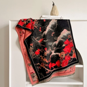 Luxury cashmere-like shawl with Chinese landscape flower print and fringe detail
