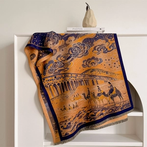 Thick jacquard camel cloud cashmere-like scarf with exotic Silk Road motif and tassels